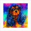 cavalier king charles black and tan headshot pup art dog art and abstract dogs, pup art dog pop art prints, abstract dog paintings, abstract dog portraits, pop art pet portraits and dog gifts in colorful original pop art dog art and fine art dog prints by artists Jane Billman and Gregg Billman