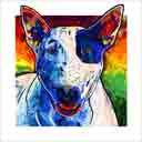 bull terrier marley headshot pup art dog art and abstract dogs, pup art dog pop art prints, abstract dog paintings, abstract dog portraits, pop art pet portraits and dog gifts in colorful original pop art dog art and fine art dog prints by artists Jane Billman and Gregg Billman